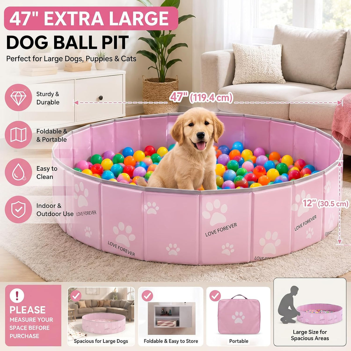 47in Extra Large Dog Ball Pit – Foldable Pet Playpen Ball Pool for Large Dogs, Puppies and Cats, Indoor Outdoor Playpen (Balls Not Included) (Pink)
