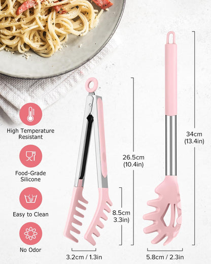 Silicone Spaghetti Spoon and Pasta Tong, Server Fork with teeth,10" & 13"