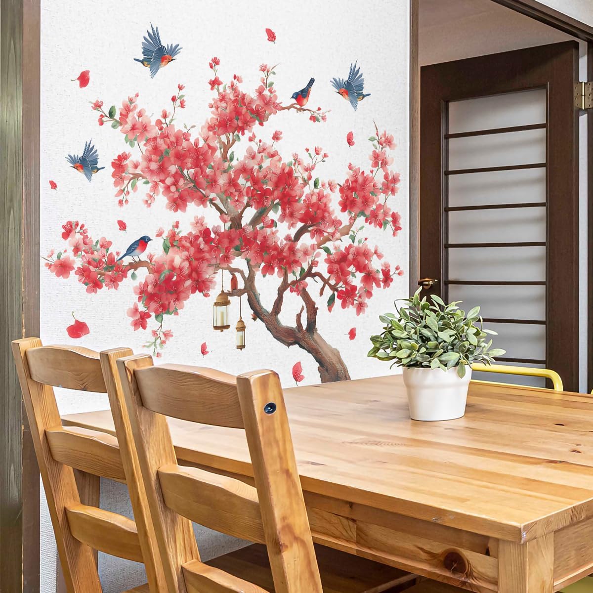 Large Peach Blossom Tree Wall Decals Pink Flowe Tree Branch Floral Birds Wall Stickers Peel & Stick Living Room Bedroom TV Background Wall Decor
