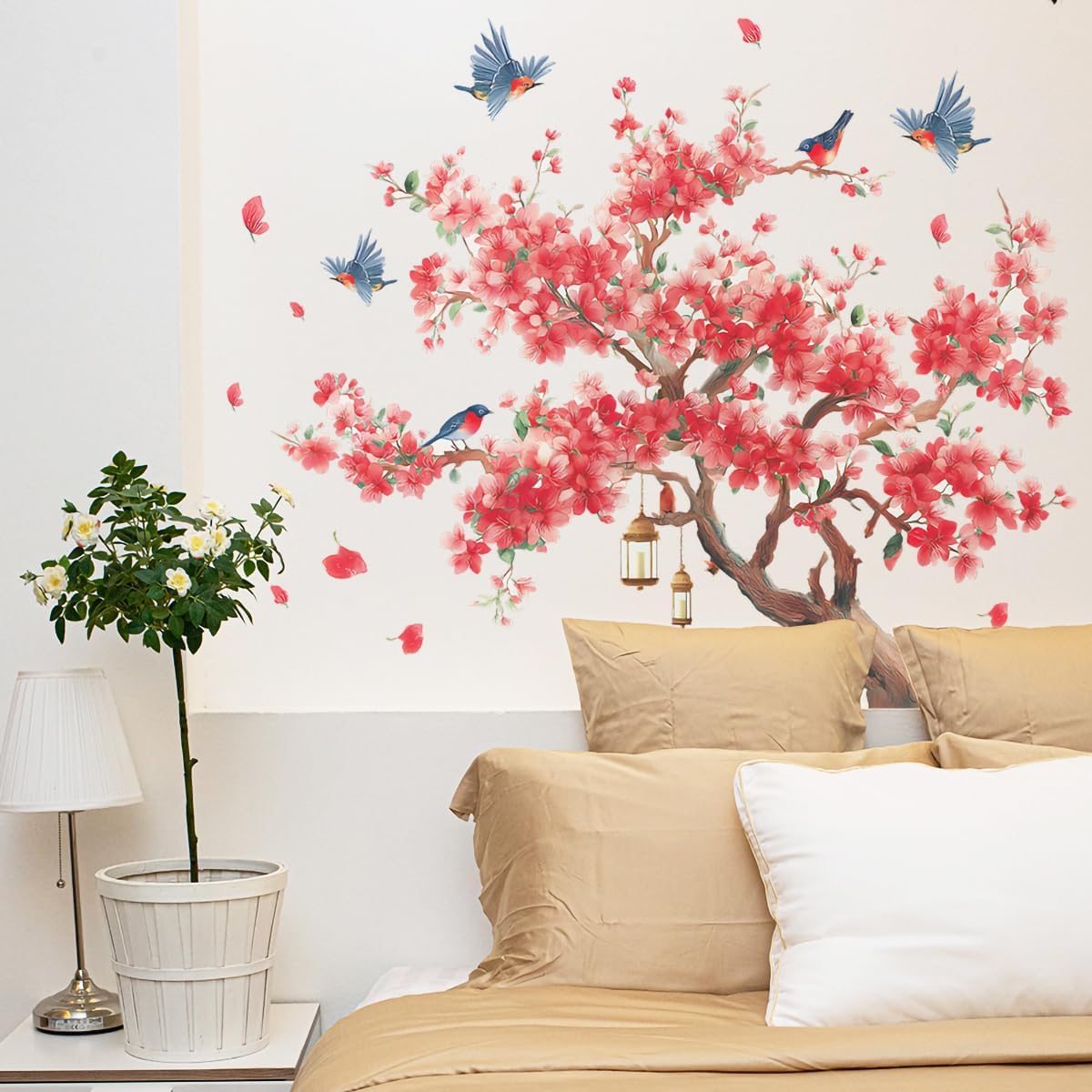 Large Peach Blossom Tree Wall Decals Pink Flowe Tree Branch Floral Birds Wall Stickers Peel & Stick Living Room Bedroom TV Background Wall Decor