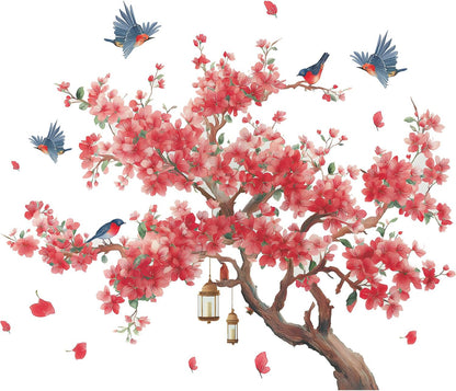 Large Peach Blossom Tree Wall Decals Pink Flowe Tree Branch Floral Birds Wall Stickers Peel & Stick Living Room Bedroom TV Background Wall Decor