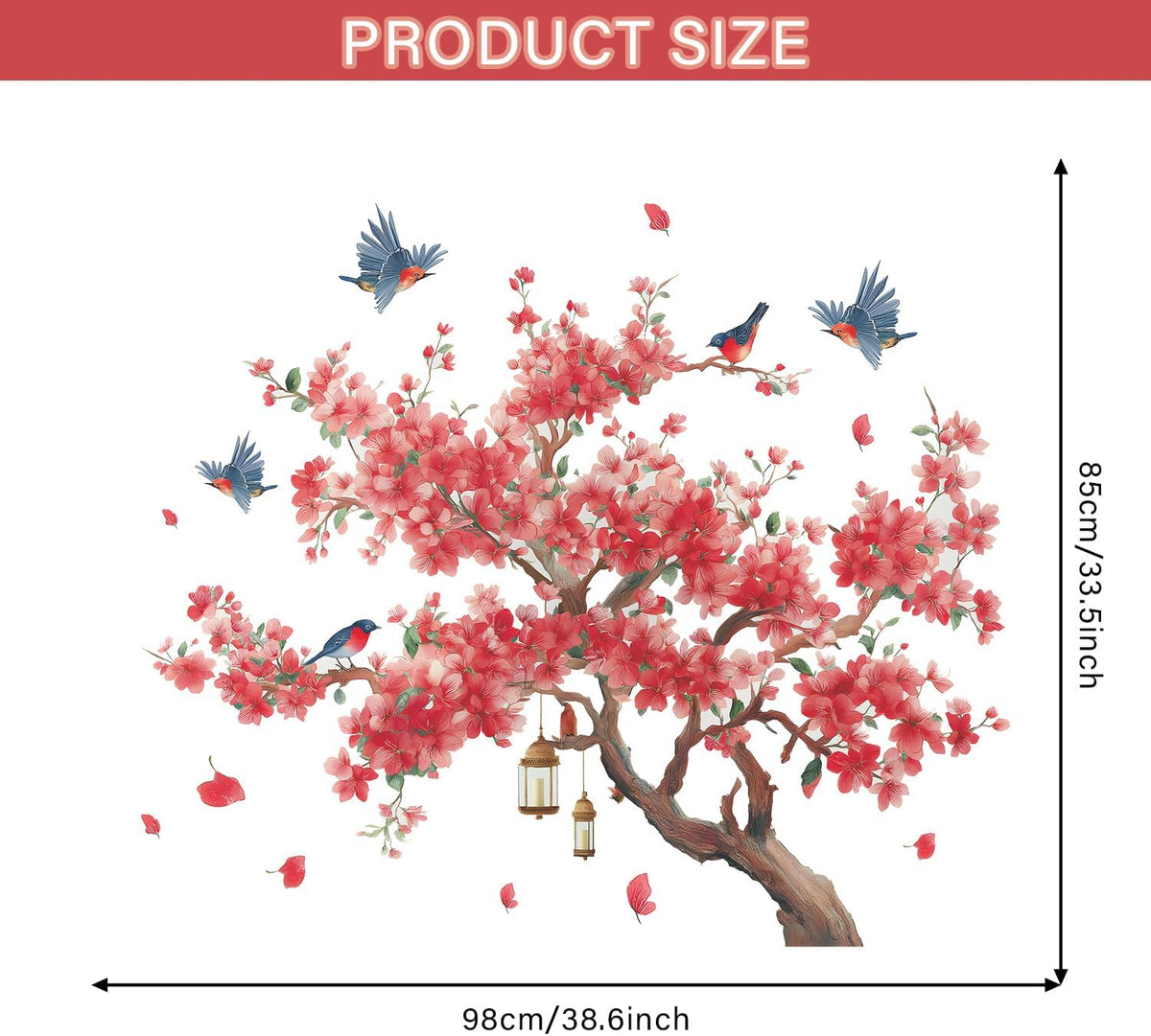 Large Peach Blossom Tree Wall Decals Pink Flowe Tree Branch Floral Birds Wall Stickers Peel & Stick Living Room Bedroom TV Background Wall Decor