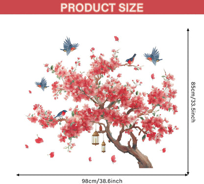 Large Peach Blossom Tree Wall Decals Pink Flowe Tree Branch Floral Birds Wall Stickers Peel & Stick Living Room Bedroom TV Background Wall Decor