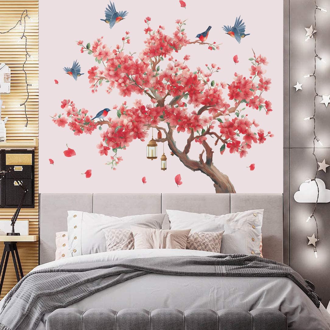 Large Peach Blossom Tree Wall Decals Pink Flowe Tree Branch Floral Birds Wall Stickers Peel & Stick Living Room Bedroom TV Background Wall Decor