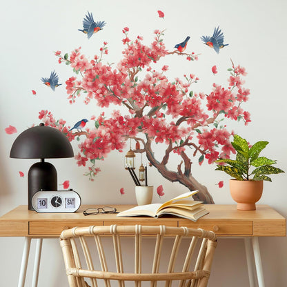 Large Peach Blossom Tree Wall Decals Pink Flowe Tree Branch Floral Birds Wall Stickers Peel & Stick Living Room Bedroom TV Background Wall Decor
