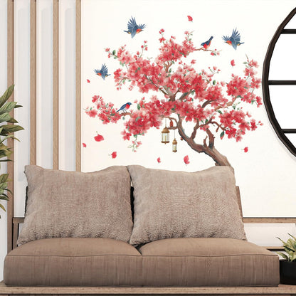 Large Peach Blossom Tree Wall Decals Pink Flowe Tree Branch Floral Birds Wall Stickers Peel & Stick Living Room Bedroom TV Background Wall Decor
