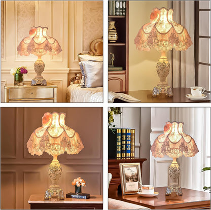 Pink European Style Desk Lamp with Fabric Shade,Victorian Table Lamp with E27 Bulb and Button Switch European Vintage Lamps for Bedroom Living Room Office Study