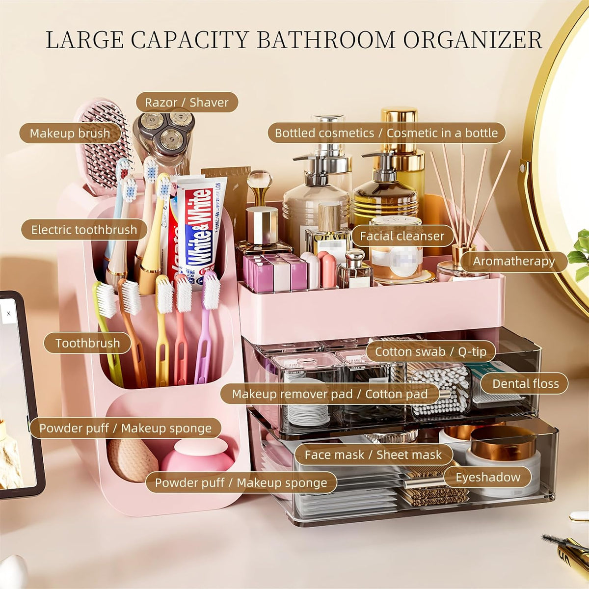 MSHOMLEY Makeup Organizer for Vanity Bathroom Countertop, Pink