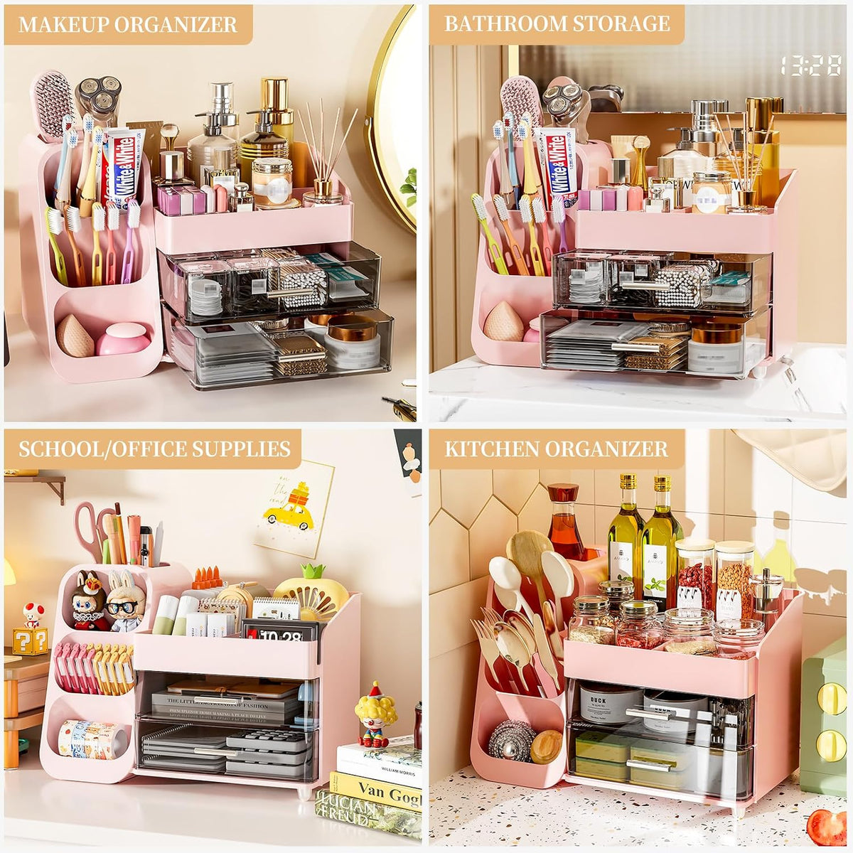 MSHOMLEY Makeup Organizer for Vanity Bathroom Countertop, Pink