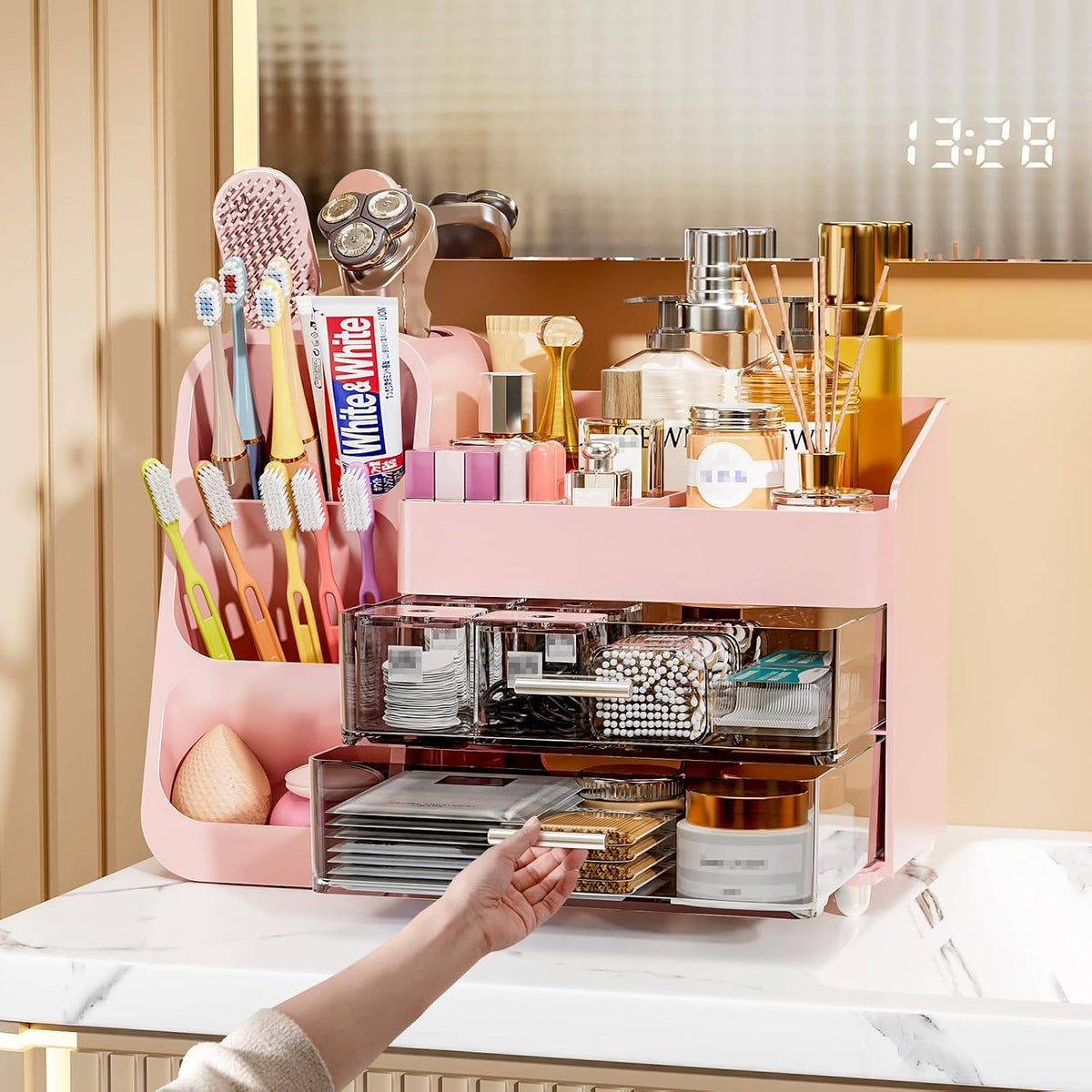 MSHOMLEY Makeup Organizer for Vanity Bathroom Countertop, Pink