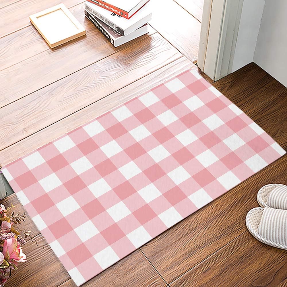 Pink Gingham Buffalo Check Doormat Welcome Mats Rugs Carpet Outdoor/Indoor for Home/Office/Bedroom 24"x16"