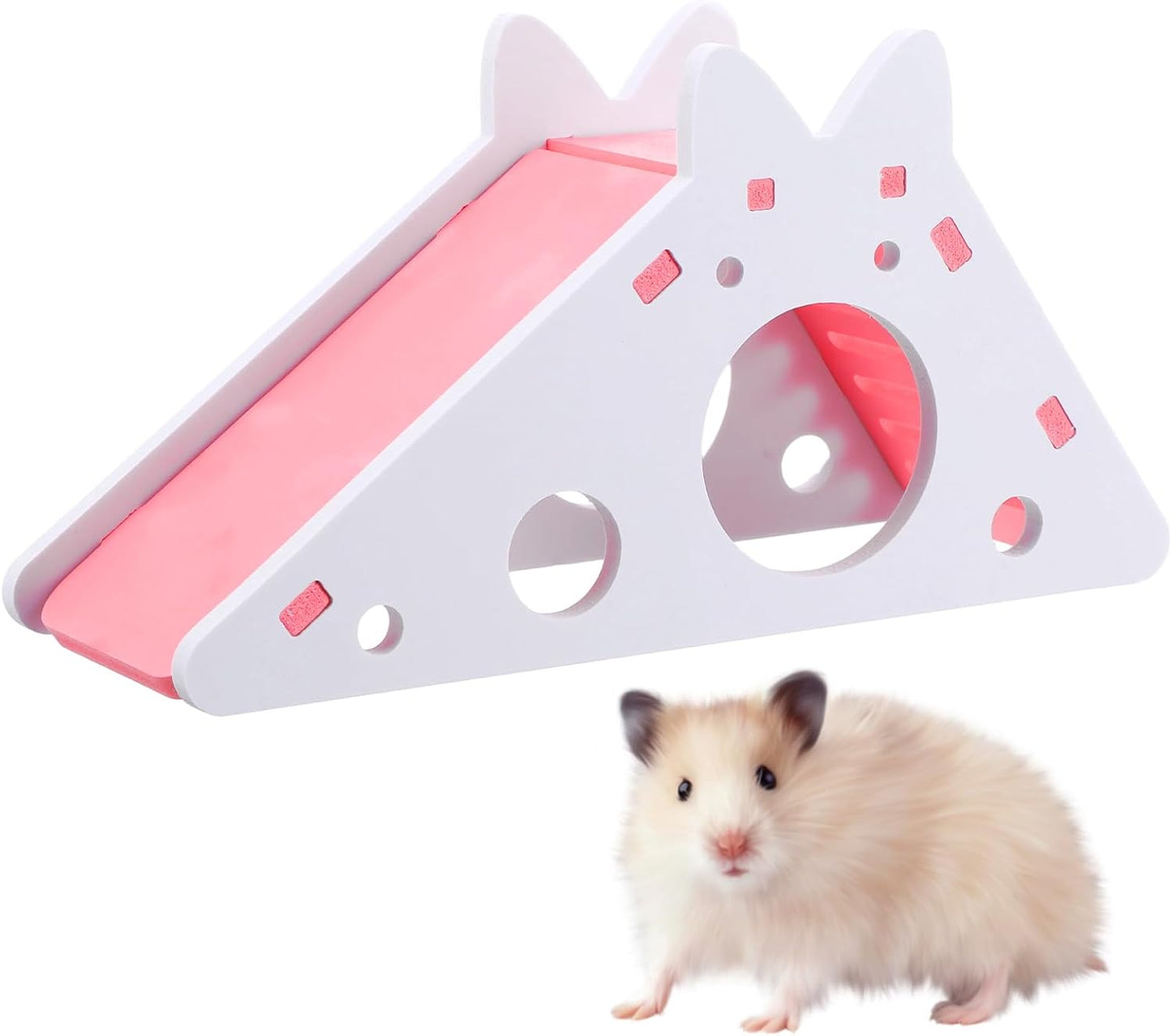 Hamster House with Ladder and Slide, Wooden Hamster Play Toys Hideout Hut Gerbil Rat Hideaway Small Animal Activity Toy DIY Hamsters Cage Accessories for Small Pets(Pink)
