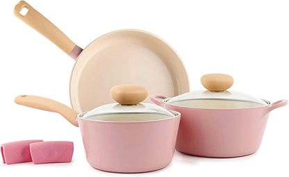 Retro 5-Piece Ceramic Nonstick Cookware Set, PFOA Free Pots and Pans with Integrated Steam Vent Lid knob prevents boil over and Heat Resistant Silicone Grips for safer cooking at kitchen, Pink