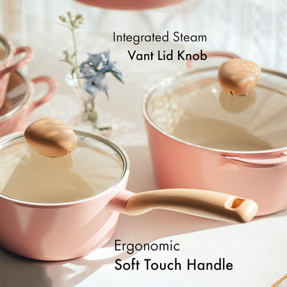 Retro 5-Piece Ceramic Nonstick Cookware Set, PFOA Free Pots and Pans with Integrated Steam Vent Lid knob prevents boil over and Heat Resistant Silicone Grips for safer cooking at kitchen, Pink