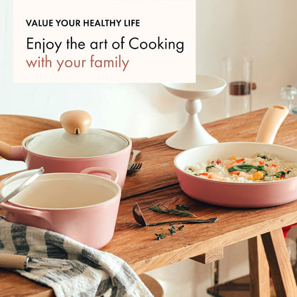 Retro 5-Piece Ceramic Nonstick Cookware Set, PFOA Free Pots and Pans with Integrated Steam Vent Lid knob prevents boil over and Heat Resistant Silicone Grips for safer cooking at kitchen, Pink