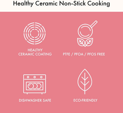 Retro 5-Piece Ceramic Nonstick Cookware Set, PFOA Free Pots and Pans with Integrated Steam Vent Lid knob prevents boil over and Heat Resistant Silicone Grips for safer cooking at kitchen, Pink