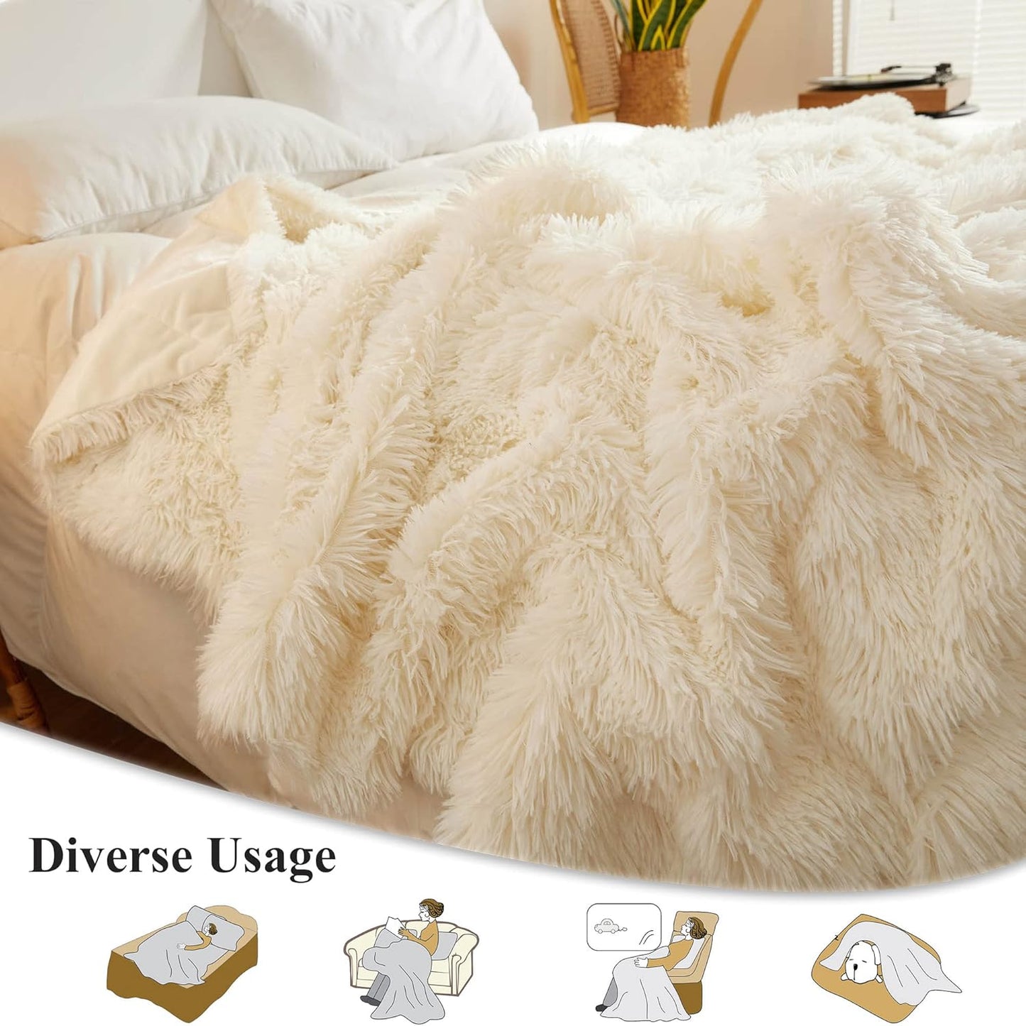 XeGe Luxury Faux Fur Throw, Ivory Soft 50x60 Fluffy Blanket, Ivory Farmhouse Aesthetic Shaggy Plush Decorative Couch Throw, Cute Furry Fuzzy Office Lap Blanket for Bedroom Living Room, Beige
