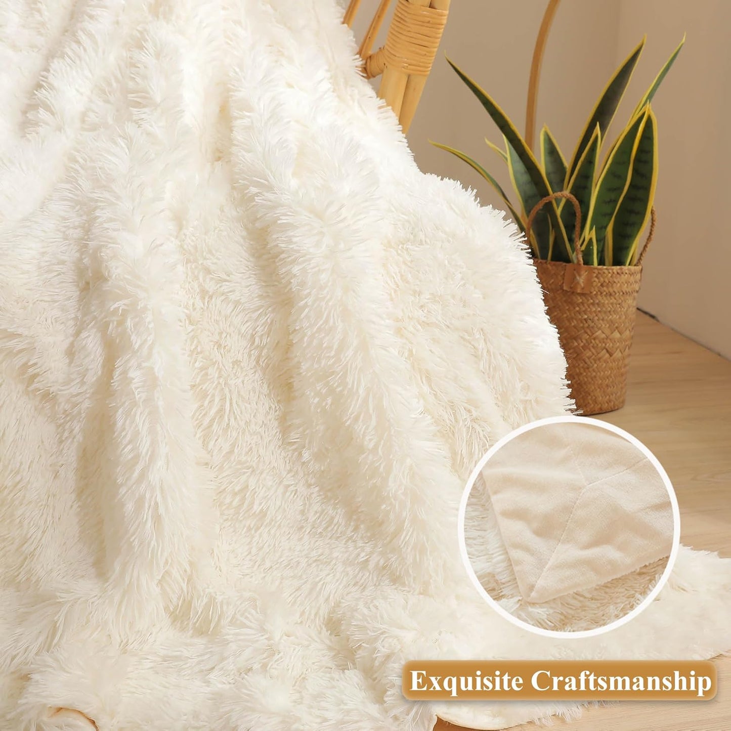 XeGe Luxury Faux Fur Throw, Ivory Soft 50x60 Fluffy Blanket, Ivory Farmhouse Aesthetic Shaggy Plush Decorative Couch Throw, Cute Furry Fuzzy Office Lap Blanket for Bedroom Living Room, Beige