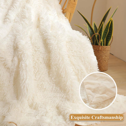 XeGe Luxury Faux Fur Throw, Ivory Soft 50x60 Fluffy Blanket, Ivory Farmhouse Aesthetic Shaggy Plush Decorative Couch Throw, Cute Furry Fuzzy Office Lap Blanket for Bedroom Living Room, Beige
