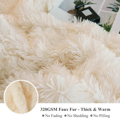 XeGe Luxury Faux Fur Throw, Ivory Soft 50x60 Fluffy Blanket, Ivory Farmhouse Aesthetic Shaggy Plush Decorative Couch Throw, Cute Furry Fuzzy Office Lap Blanket for Bedroom Living Room, Beige
