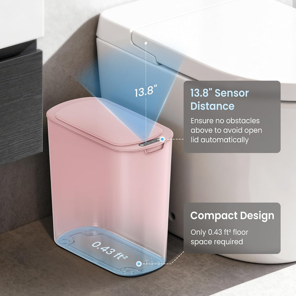 Automatic Small Bathroom Trash Can with Lid, 2.6 Gallon, Pink