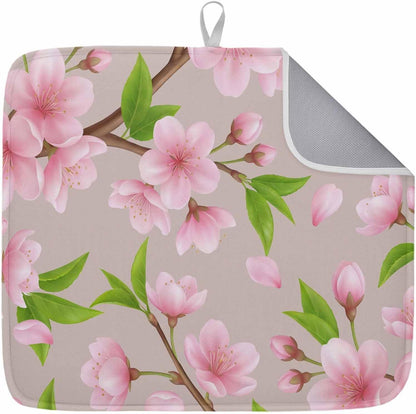 Spring Floral Dish Drying Mat for Kitchen Counter Watercolor Flower Green Leaves Light Pink Background Super Absorbent Microfiber Coffee Bar Mat Washable Dish Drainer Rack Mat, 1 Pack, 16" x 18"