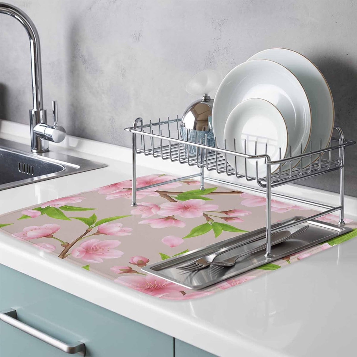 Spring Floral Dish Drying Mat for Kitchen Counter Watercolor Flower Green Leaves Light Pink Background Super Absorbent Microfiber Coffee Bar Mat Washable Dish Drainer Rack Mat, 1 Pack, 16" x 18"