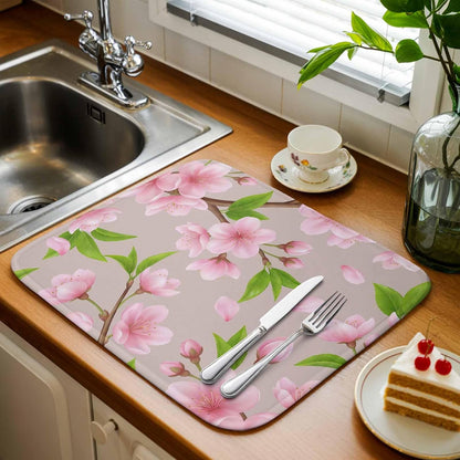 Spring Floral Dish Drying Mat for Kitchen Counter Watercolor Flower Green Leaves Light Pink Background Super Absorbent Microfiber Coffee Bar Mat Washable Dish Drainer Rack Mat, 1 Pack, 16" x 18"