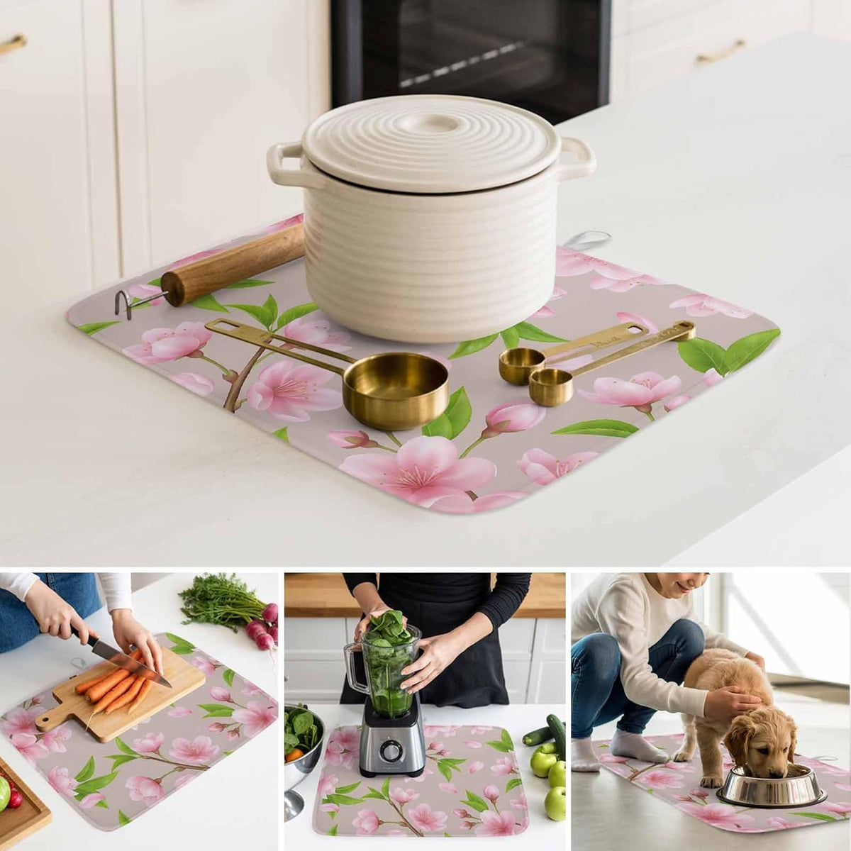 Spring Floral Dish Drying Mat for Kitchen Counter Watercolor Flower Green Leaves Light Pink Background Super Absorbent Microfiber Coffee Bar Mat Washable Dish Drainer Rack Mat, 1 Pack, 16" x 18"