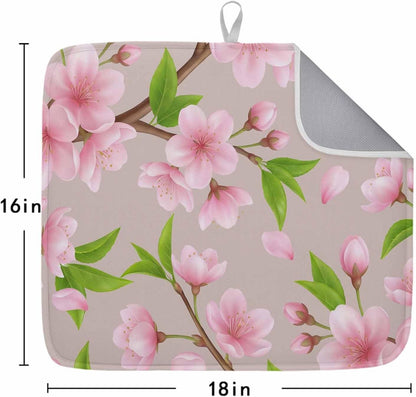 Spring Floral Dish Drying Mat for Kitchen Counter Watercolor Flower Green Leaves Light Pink Background Super Absorbent Microfiber Coffee Bar Mat Washable Dish Drainer Rack Mat, 1 Pack, 16" x 18"