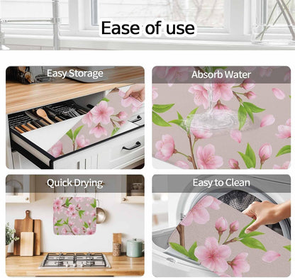 Spring Floral Dish Drying Mat for Kitchen Counter Watercolor Flower Green Leaves Light Pink Background Super Absorbent Microfiber Coffee Bar Mat Washable Dish Drainer Rack Mat, 1 Pack, 16" x 18"