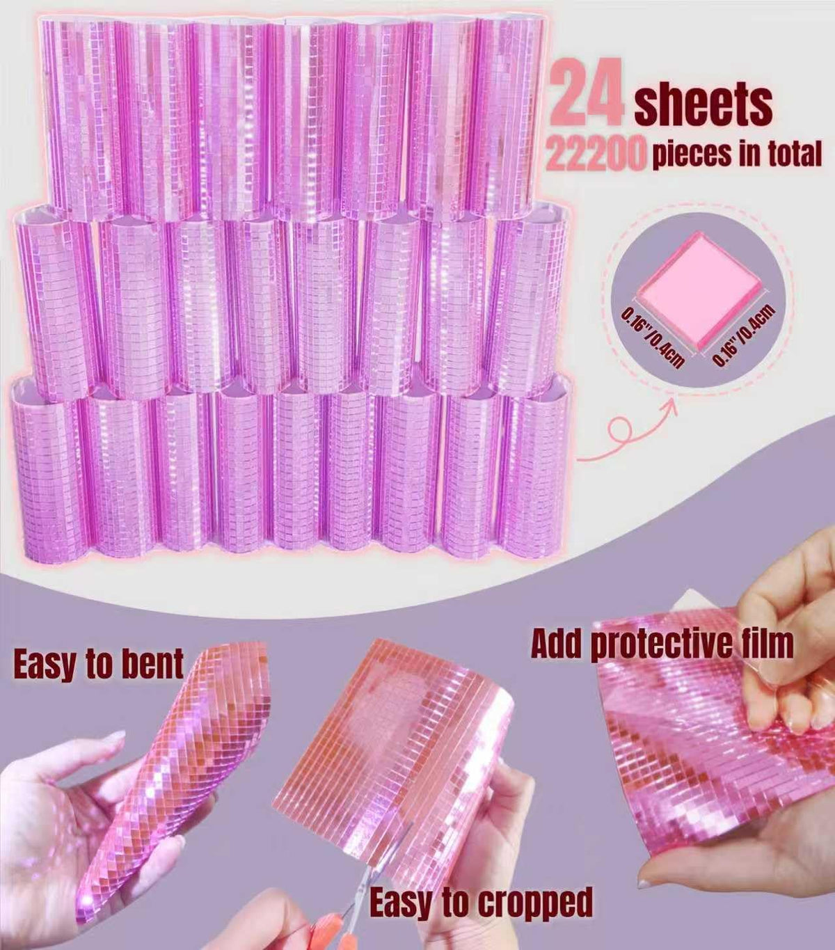22200pcs Mirror Mosaic Tiles,4 x 4mm Disco Tiles Self Adhesive,Tiny Mirror Tiles for Crafts,Disco Ball Stickers for DIY Party Decoration(Pink)