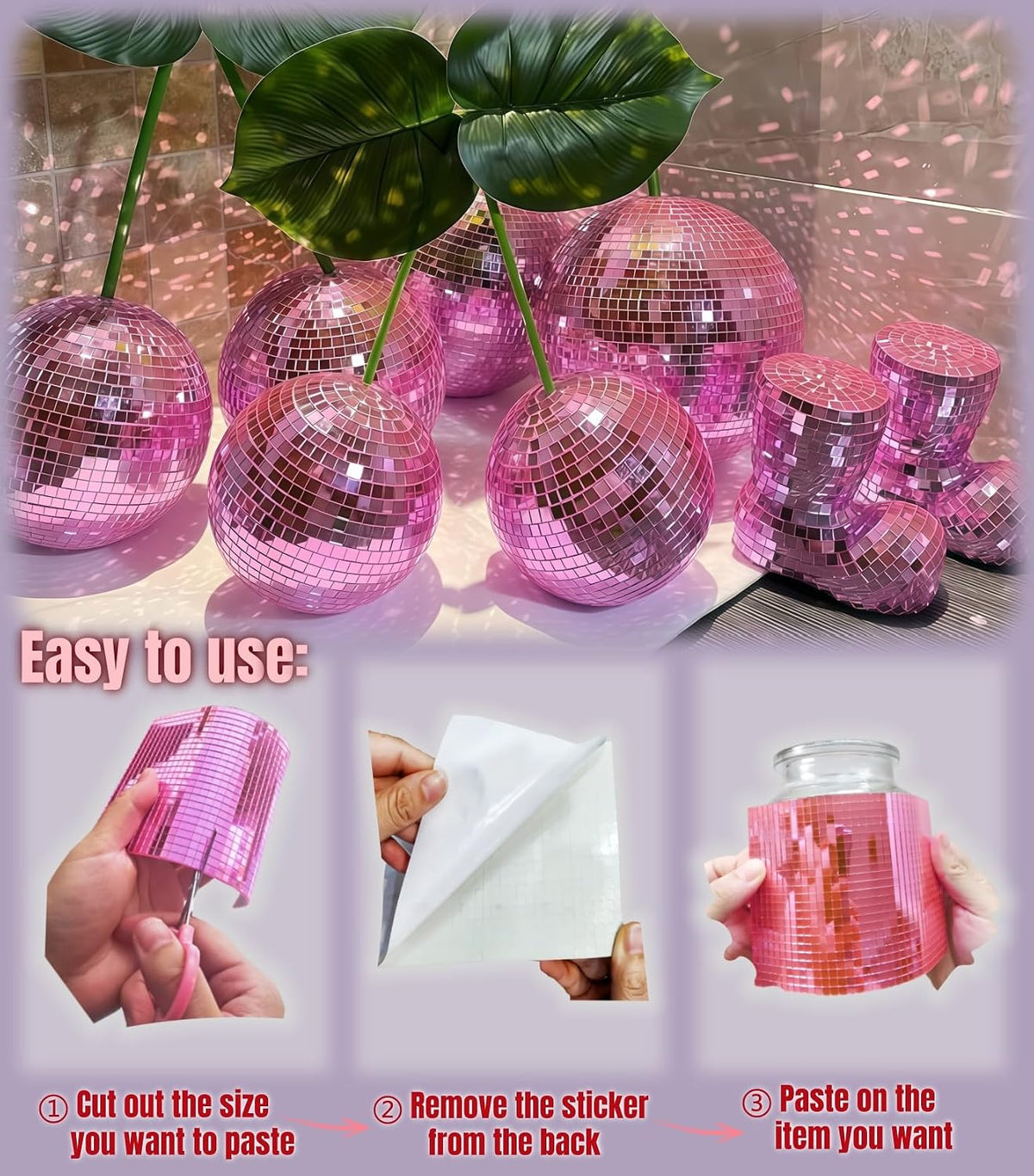 22200pcs Mirror Mosaic Tiles,4 x 4mm Disco Tiles Self Adhesive,Tiny Mirror Tiles for Crafts,Disco Ball Stickers for DIY Party Decoration(Pink)