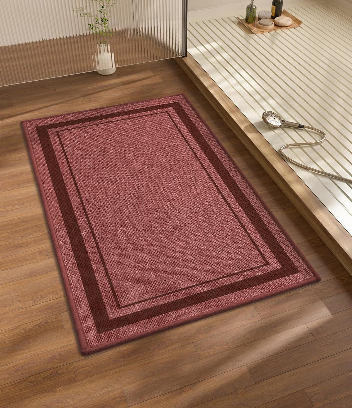 Bathroom Rugs Mat 32x17, Ultra Thin Non Slip Bath Mat Quick Dry Absorbent Bath Mat for Bathroom, (Dark Pink, 32"x17")