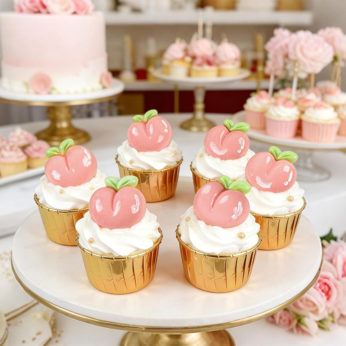 25Pcs Resin Peach Cupcake Toppers 2D Pink Peachs Cupcake Picks Peachs Table Decorations for Baby Shower Boys Girls Peach Fruit Birthday Bridal Shower Wedding Fruit Party Decorations