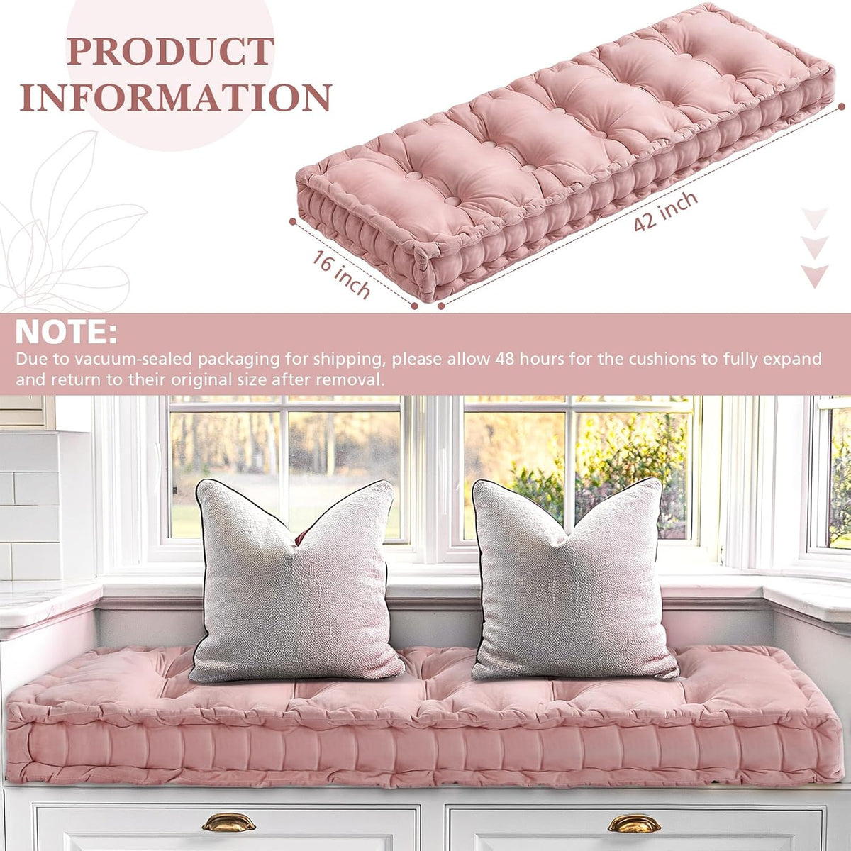 Velvet Bench Cushion for Indoor Furniture, Pink, 42x16 in