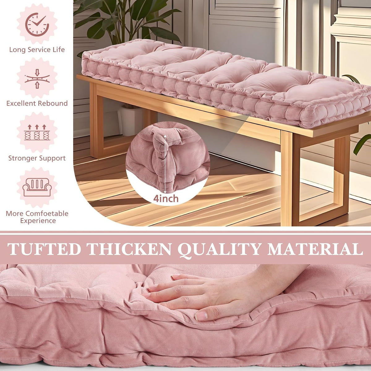 Velvet Bench Cushion for Indoor Furniture, Pink, 42x16 in