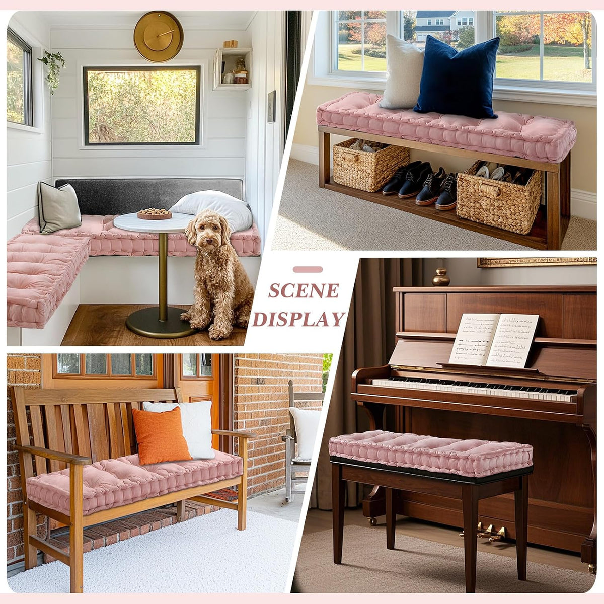 Velvet Bench Cushion for Indoor Furniture, Pink, 42x16 in