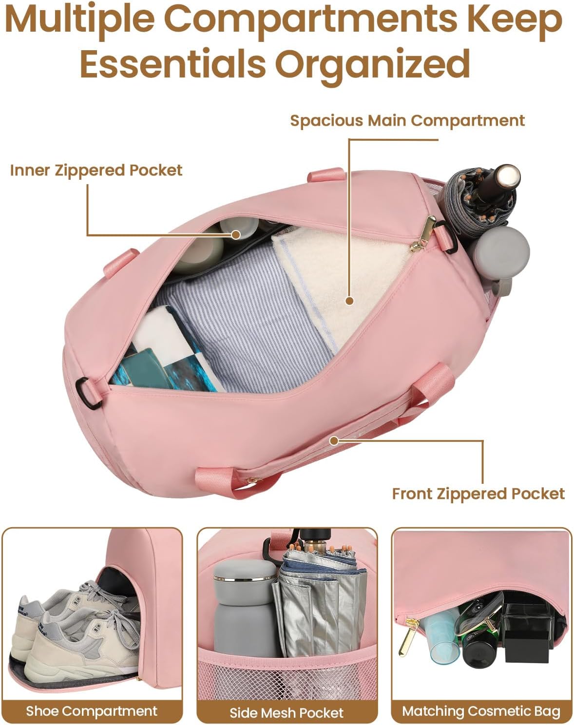 Gym Bag for Women, 17.5 inch Sports Duffle Bag with Shoe Compartment