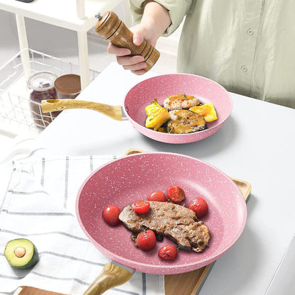 Frying Pan Nonstick Set, 8" & 9.5" & 11" Pink Egg Pan, Non Stick Fry Pan Set PFOA-Free Omelet Pan, Toxin-Free Skillets Stone Cookware, Anti-Warp Base with All Stove Tops Available,Induction Compatible