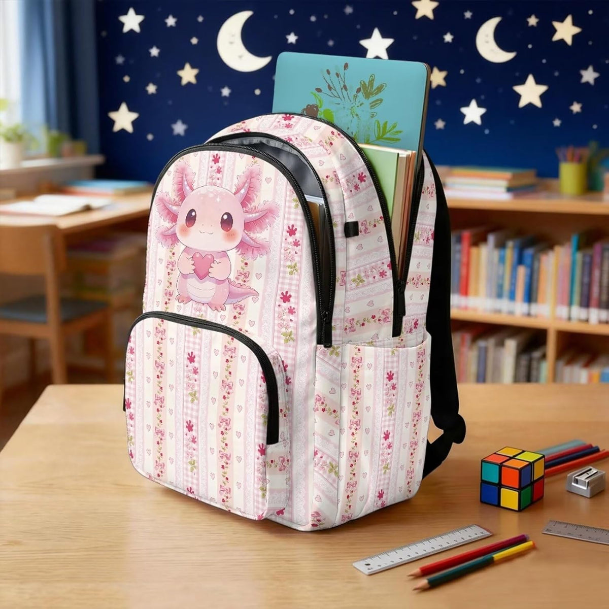 Axolotl Paw Print School Backpack for Girls Large Capacity Bookbag with Anti Theft Pocket Lighweight Schoolbag Travel Daypack for Kids Teens Preschool Students, Pink