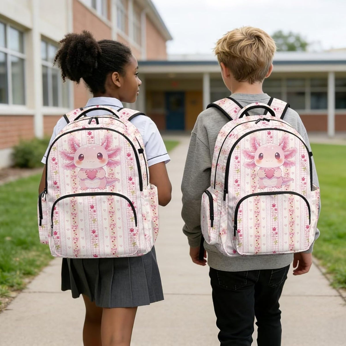 Axolotl Paw Print School Backpack for Girls Large Capacity Bookbag with Anti Theft Pocket Lighweight Schoolbag Travel Daypack for Kids Teens Preschool Students, Pink