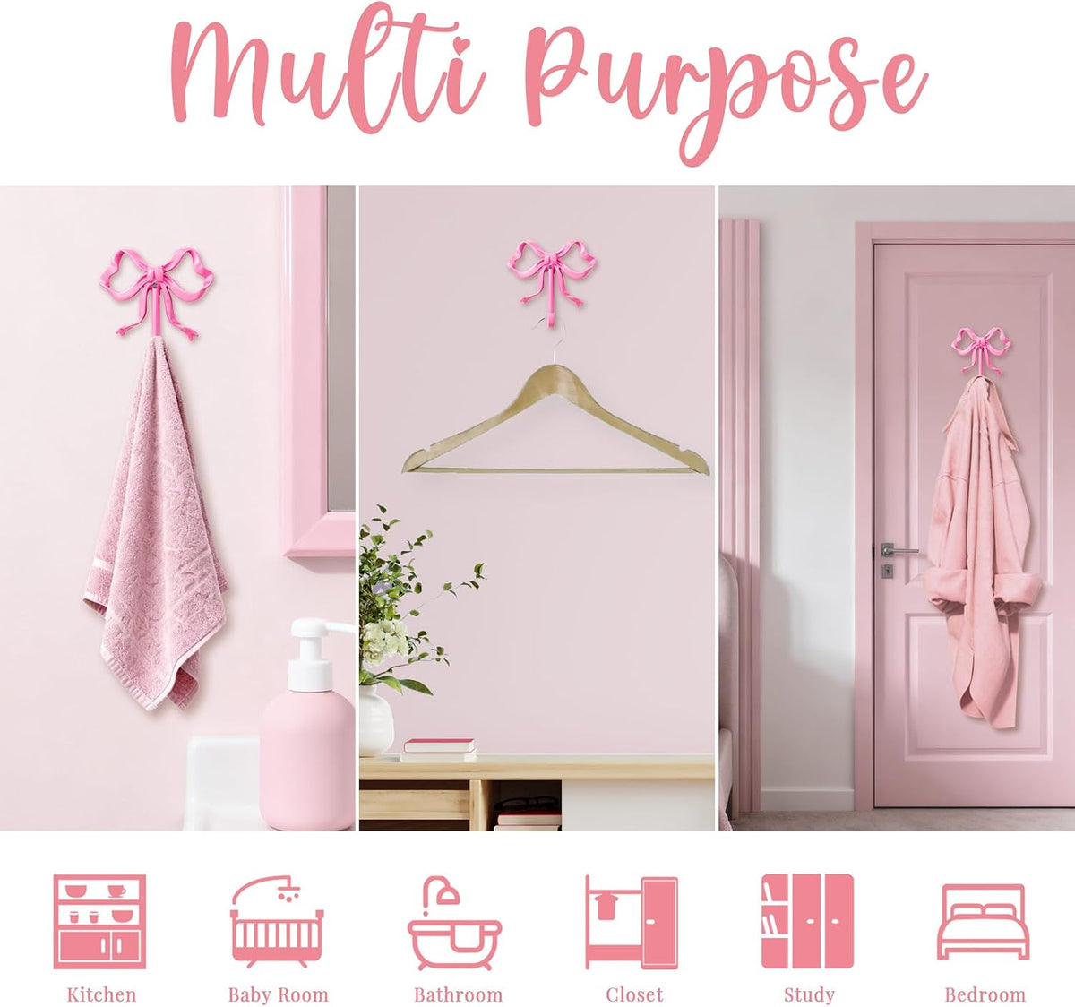 Bow Wall Hook - Sturdy Metal Coat Hook for Coats, Hats & Bags - Perfect for Kids' Rooms, Entryways & Bathrooms (Pink, L)