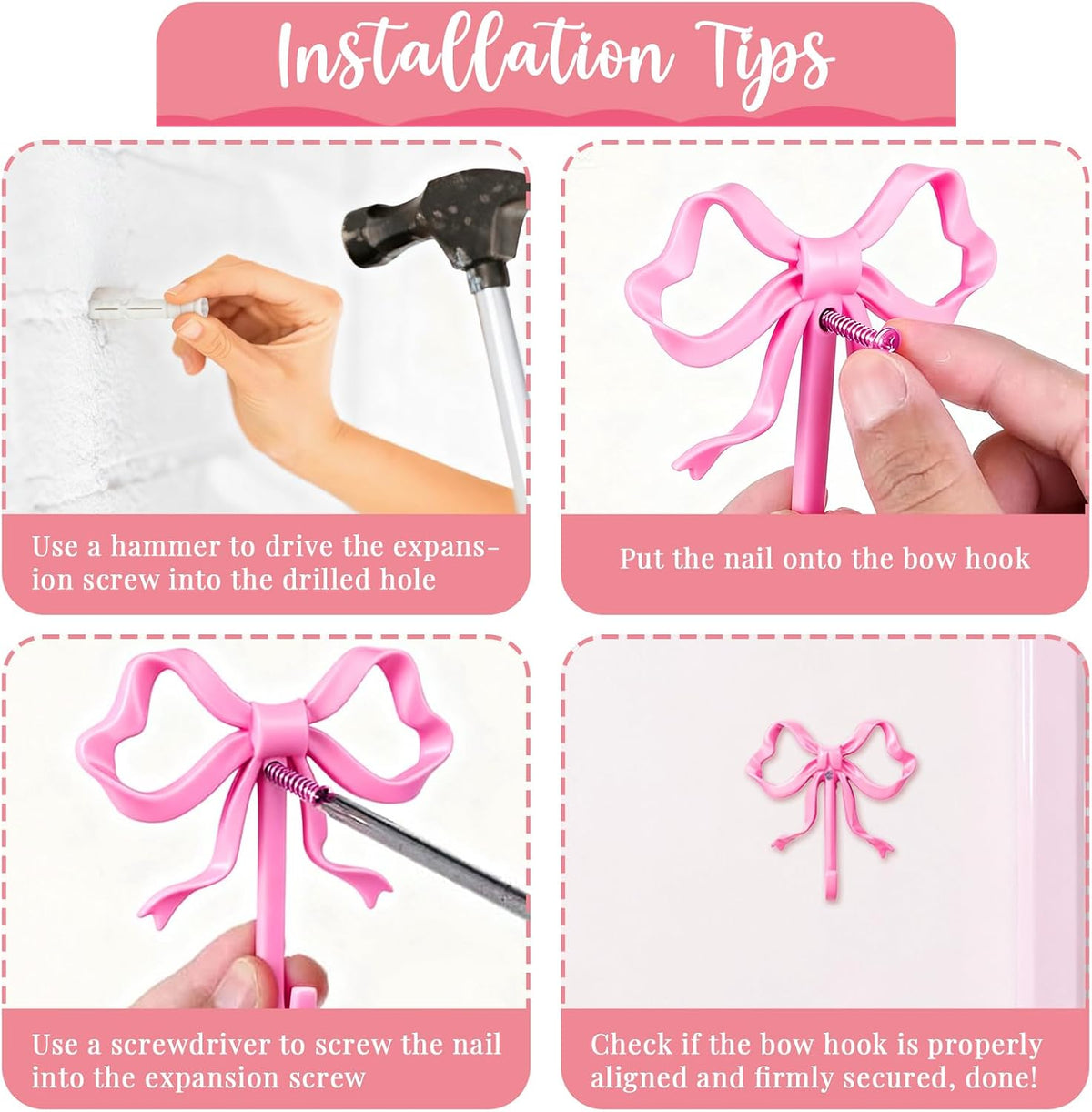 Bow Wall Hook - Sturdy Metal Coat Hook for Coats, Hats & Bags - Perfect for Kids' Rooms, Entryways & Bathrooms (Pink, L)