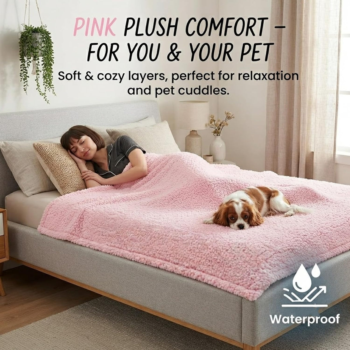 Waterproof Pink Dog Blanket Reversible Sherpa Fluffy Calming Pet Blankets Bed Cover for Puppy Leakproof Sofa Couch Throw Covers Cat-L-57x65in
