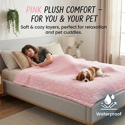 Waterproof Pink Dog Blanket Reversible Sherpa Fluffy Calming Pet Blankets Bed Cover for Puppy Leakproof Sofa Couch Throw Covers Cat-L-57x65in