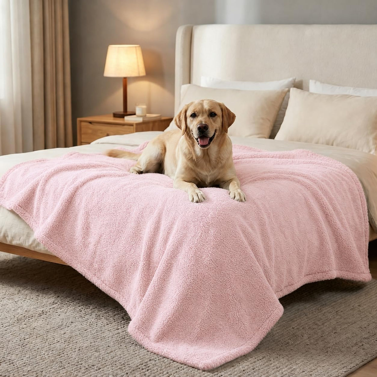 Waterproof Pink Dog Blanket Reversible Sherpa Fluffy Calming Pet Blankets Bed Cover for Puppy Leakproof Sofa Couch Throw Covers Cat-L-57x65in