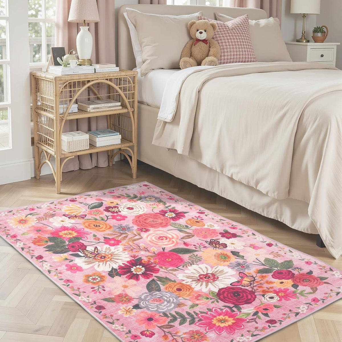 Pink Garden Floral Area Rug 3x5 for Bedroom Entryway