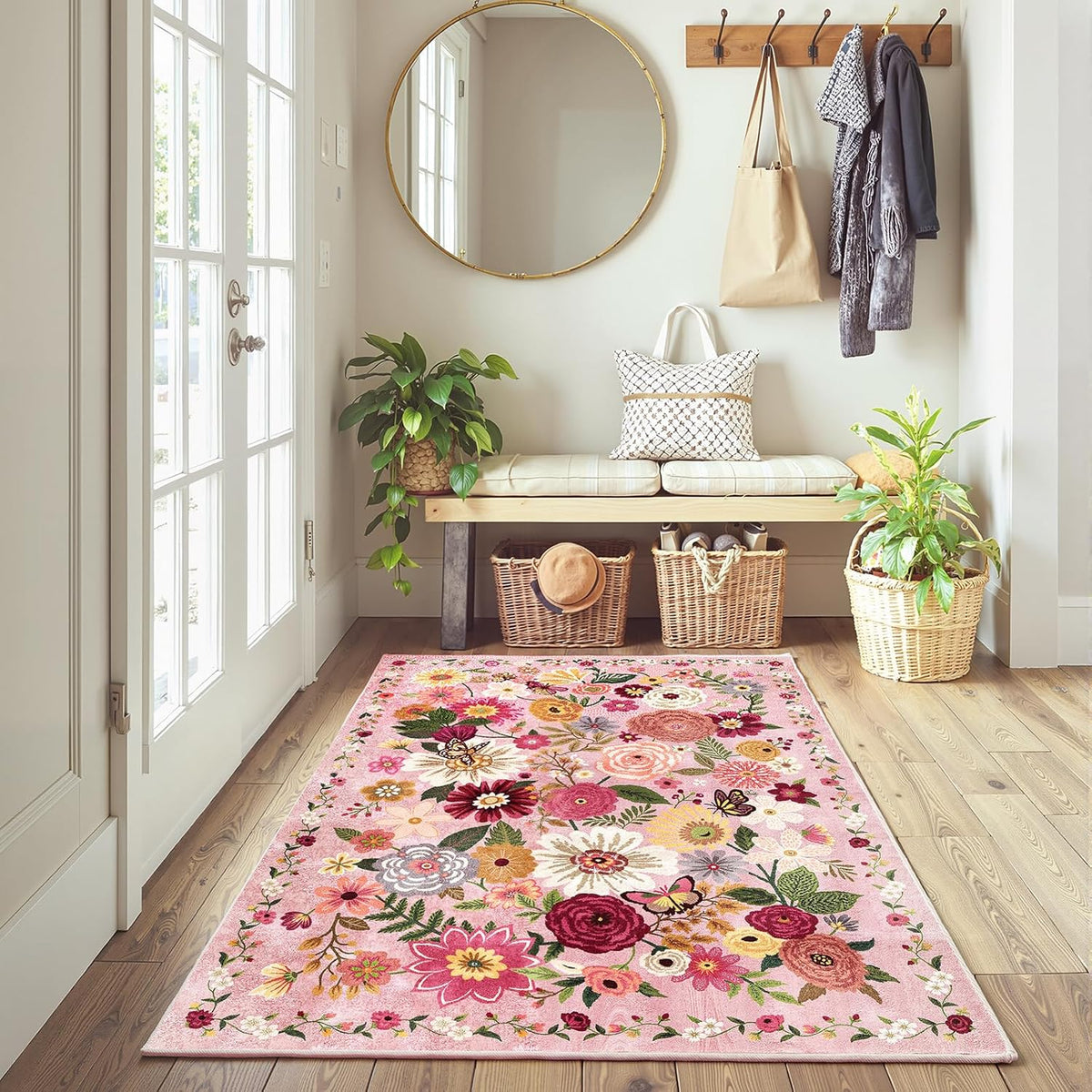 Pink Garden Floral Area Rug 3x5 for Bedroom Entryway