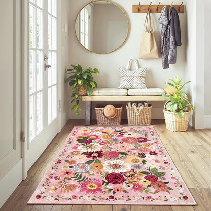 Pink Garden Floral Area Rug 3x5 for Bedroom Entryway